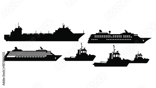 Collection of various ship silhouettes on white background