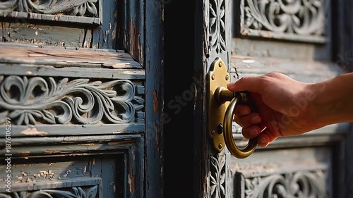 Decorative carved wooden door with brass handle