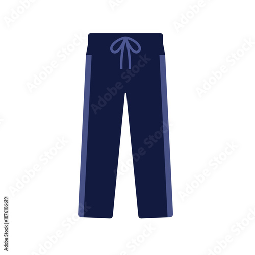 Dark blue sweatpants with a drawstring waist and lighter blue side stripes, isolated on a white background.