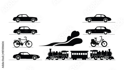 Silhouettes of cars, bicycles, and train on white background