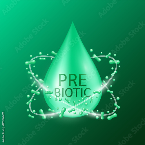 Green prebiotics water drop surrounded by microbe bacterial good on dark background. For products design supplement. Food digestion inintestine. 3D vector.