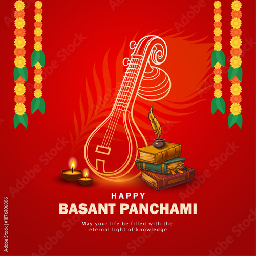 Happy Basant Panchami Festival Background with Veena and Traditional Decor