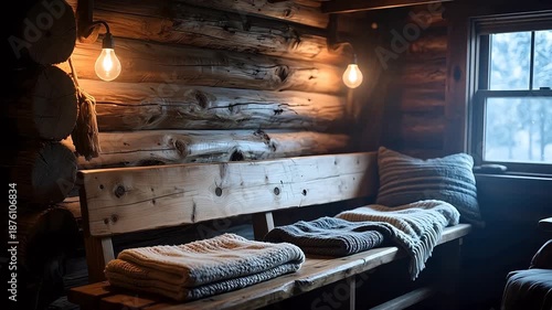 Cozy wooden cabin interior with blankets