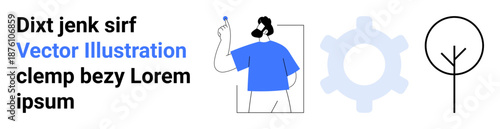 Creativity, technology, design thinking, processes, eco-friendly concepts, minimalism. Person holding object, gear symbol abstract tree and text on white background. Creativity and technology