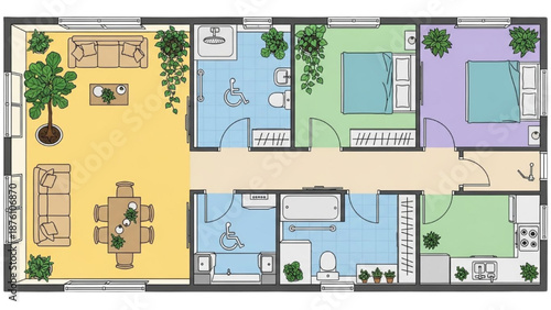 High-Quality Black Line Colorful Art of Accessible House Interior Plan for Elderly and Disabled Users with Plants