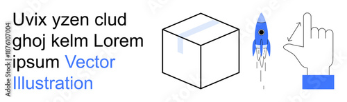 Innovation, technology, creative thinking, progress, problem-solving, exploration. Blue rocket launching upward, cube and hand pointing gesture. Innovation and technology concept