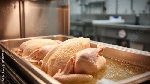 Raw whole chickens in metal tray prepared for cooking in professional kitchen setup. Turkey Thawing and Brining Station. concept of festive holiday meal