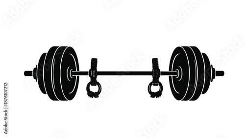 Black silhouette of a dumbbell with weights on a white background