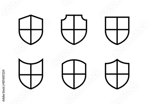 Shield icon set in outline style. Security, defense, protection symbol