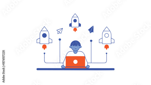 Person launching ideas into space with rockets and laptop in modern workspace