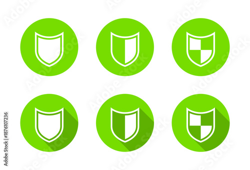 Shield protection icon set with long shadow. Safety, security and privacy symbol