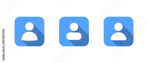 User profile icon set with long shadow. Social media account avatar symbol in blue square