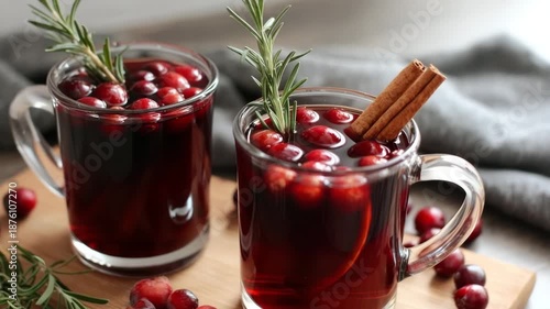 Hot mulled wine with orange, cranberries, and spices in glass mugs on wooden table. Warm Cranberry Mulled Wine, cozy winter drink