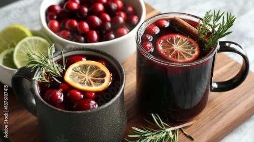 Festive cranberry spiced drinks with citrus and herbs on wooden board. A healthy, warming drink. Cough and cold remedy.