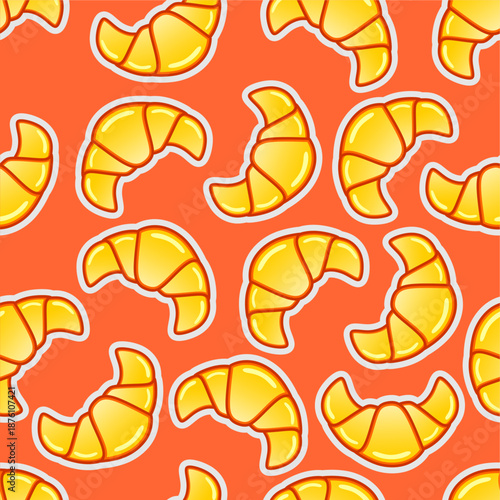 Croissant seamless pattern. Croissant bread pattern background. Cartoon croissant pattern vector design. Fast food croissant pattern.