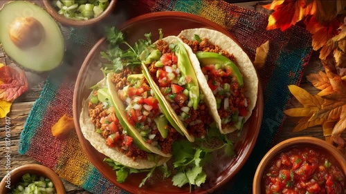 Tacos with avocado and lime on rustic plate surrounded by autumn leaves. Turkey taco plate with fresh toppings like avocado and salsa, fall cuisine