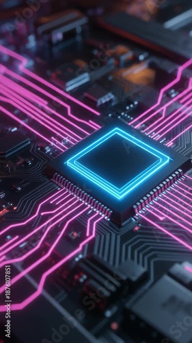 Close-up of glowing blue microchip on circuit board with pink neon lines, technology background for innovation concept