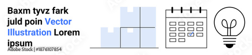 Logistics, time management, planning, business innovation, inventory tracking, workflow optimization. Cartoon icons of stacked boxes, a calendar and a light bulb. Logistics and time management theme