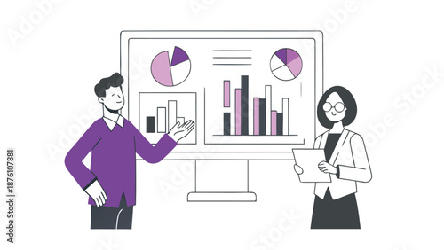 Business professionals analyzing data on a large screen display