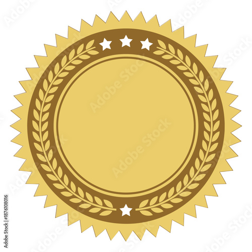 gold seal with laurel wreath and stars on white background