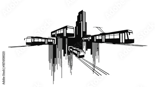 Modern cityscape with sleek skyscrapers and train tracks