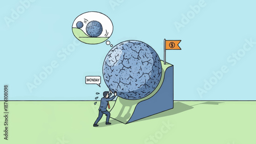 Man struggling to push a large boulder up a ramp with a thought bubble.