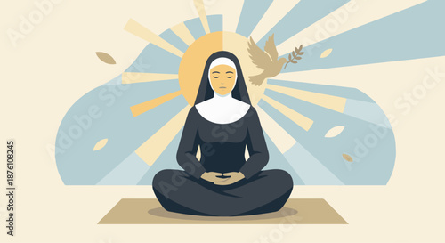  Nun Meditating or Reflecting
A flat vector illustration of a nun sitting quietly in reflection or meditation. Minimal background with light rays or symbolic elements. Flat vector style, peaceful and 