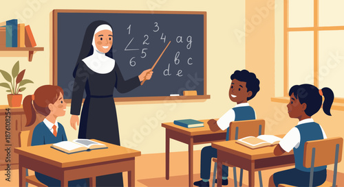 Nun Teaching Children
A flat vector illustration of a nun teaching children in a classroom setting. Blackboard, books, and attentive students visible. 