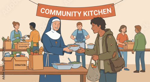 Nun Helping the Poor
A flat vector illustration of a nun offering food or assistance to people in need. Simple community or charity setting. Flat vector design, compassionate and service-oriented tone