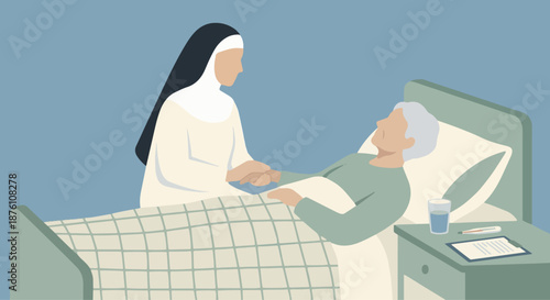 Nun Caring for the Sick
A flat vector illustration of a nun caring for a sick person in a clinic or home. Bed, medical items, and gentle gestures visible. Flat vector style, nurturing and respectful.