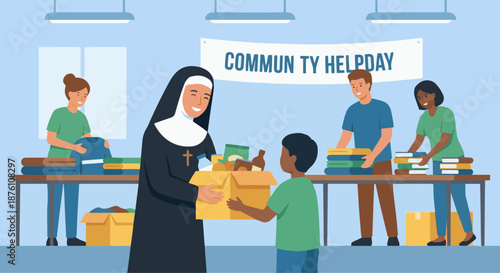 80 Nun in Community Service
A flat vector illustration of a nun working with community members, organizing supplies or helping children. Flat vector style, teamwork and kindness theme.