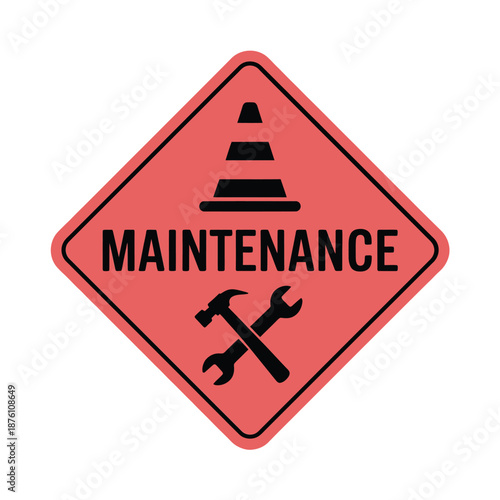 road maintenance sign with traffic cone and tools