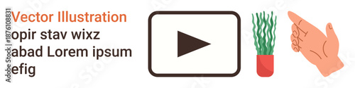 Digital media, eco-balance, minimalism, design concepts, app interface, online trends. A play button icon, a decorative plant and a hand gesture. Digital media and eco-balance visuals