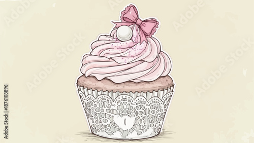 Pink Frosted Cupcake with Bow and Pearl.