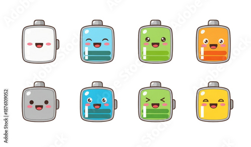 Cute battery charging level icons flat cartoon vector emoji set isolated on transparent background