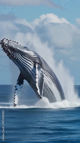 Humpback whale breaching ocean surface with spray and splash under sunny blue sky with clouds