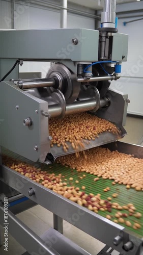 Industrial machine sorting nuts on conveyor belt in factory background with large metal equipment