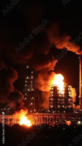 Industrial fire at night with flames and smoke rising from a factory or plant