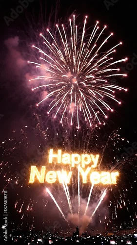 Happy New Year celebration with fireworks display at night