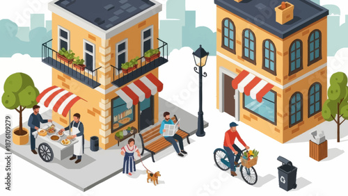 Vibrant urban scene with people enjoying outdoor activities.