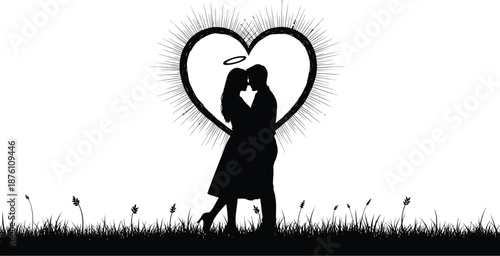 A romantic couple kissing in a serene landscape with a heart symbol