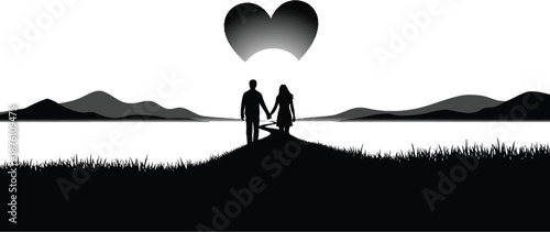 A romantic couple stands hand in hand on a hill overlooking a serene landscape with a heart above them.