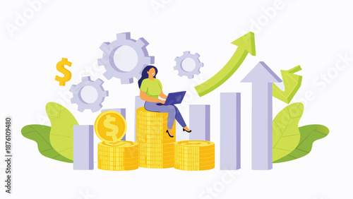 Businesswoman analyzing financial growth with laptop on stack of coins