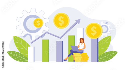 Businesswoman analyzing financial growth with laptop on stack of gold coins
