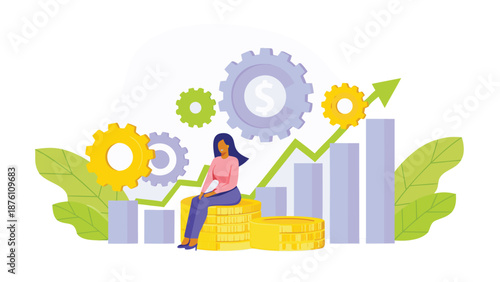 Businesswoman sitting on coins with growing graph and gears