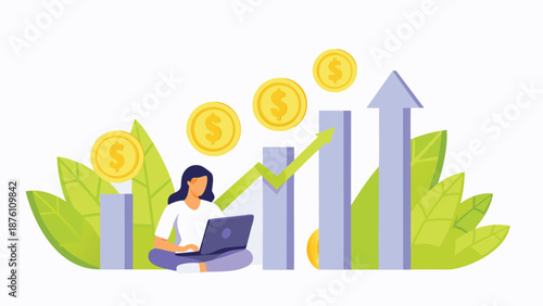 Businesswoman analyzing financial growth with laptop and increasing graph