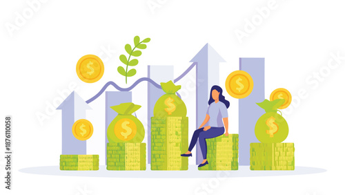 Woman sitting on stack of money with growing investment graph