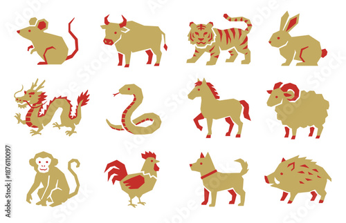 十二支の動物アイコンセット（ベクター）。版画風の和風デザイン