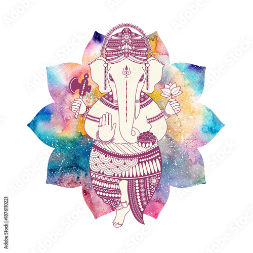 A drawing of Ganesha in mandala or lotus flower with bright colorful yellow, pink and blue watercolor texture. Isolated hand drawn illustration for print, poster, printing.