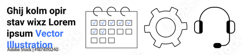 Calendar highlighting completed tasks, gear symbolizing settings or process, and headset for support. Ideal for scheduling, productivity, workflow, customer service, organization, task management